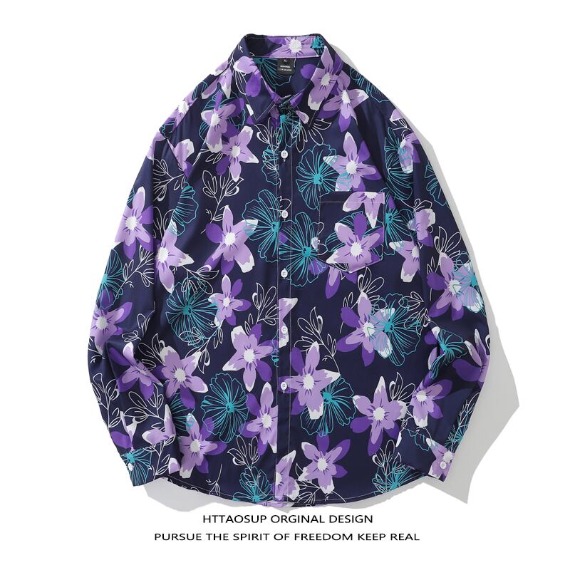 [TRAVEL ISSUANCE Series] ★Retro Shirt★ Oil Painting Style Shirt Floral Pattern Streetwear Harajuku Style Unisex Men's Purple Loose