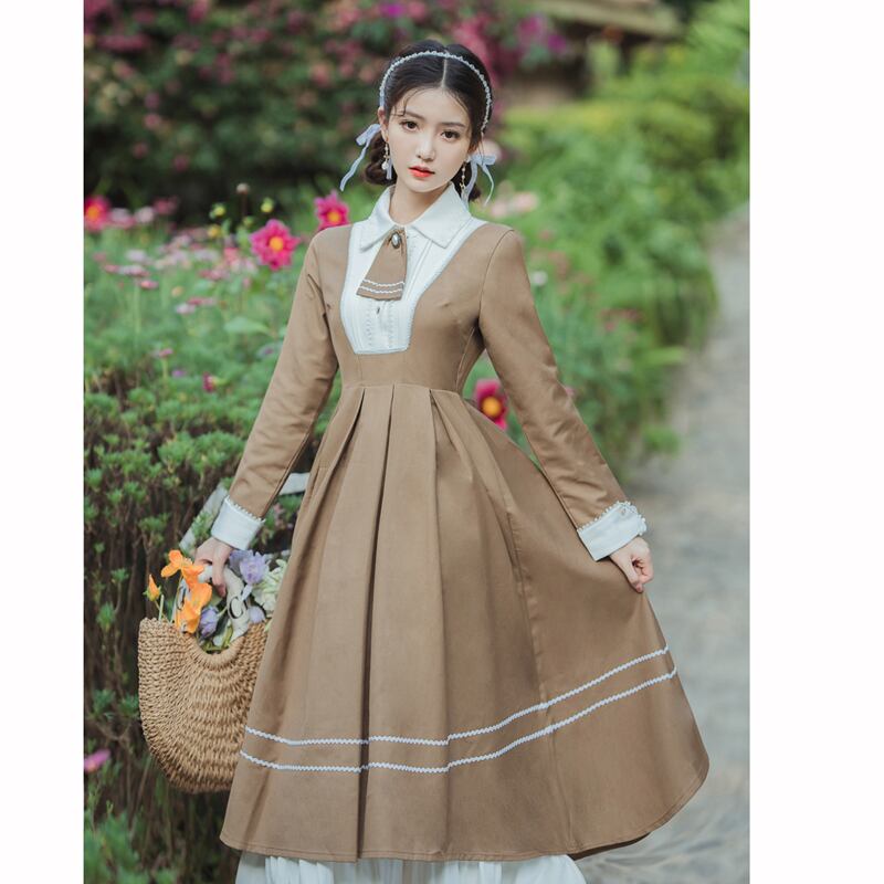 [Tatsuko Chenis Series] ★One Piece★ 2color Women's Autumn Clothes Commuting Date Retro Fake Layered Gray Brown