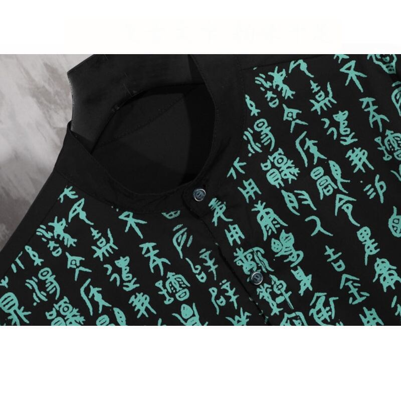 [YISHUO Series]★China style shirt★ Tops Unisex Men's Large size Letter pattern Black Black