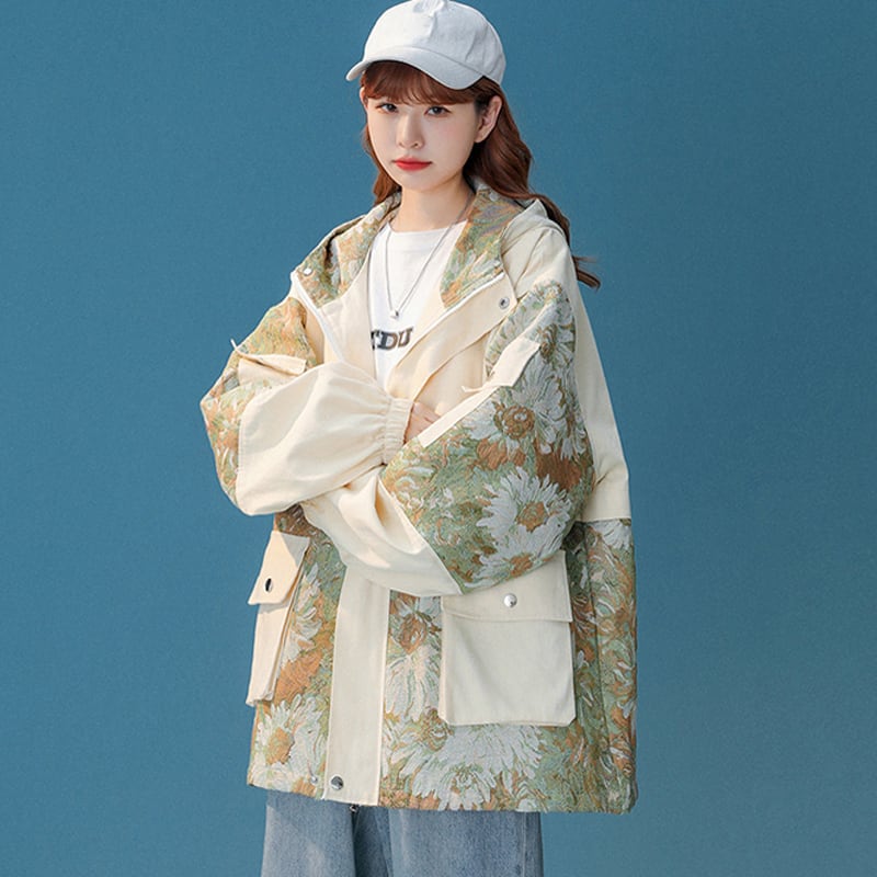 [Fujiiman Series]★Jacket★ Outerwear 2color Floral Pattern Switching Unisex Unique Large Size Beige Blue