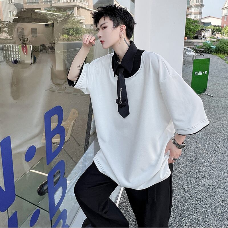 [Coolman Series] ★POLO Shirt★ Tops Unisex Men's Faux Layered Black White