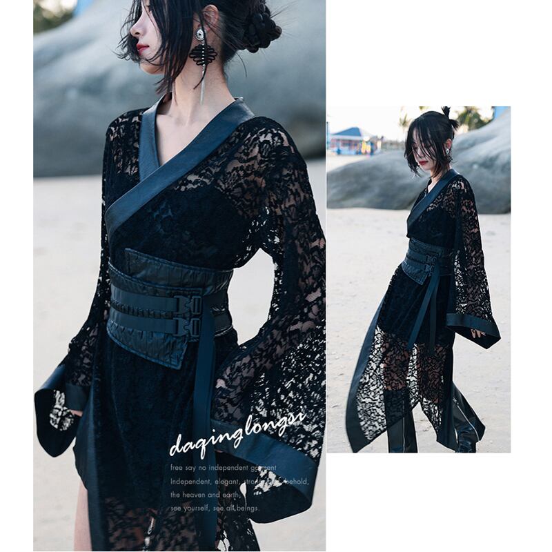 [Big Blue Dragon Series] ★Chinese style dress★ Lace openwork sexy switching black black