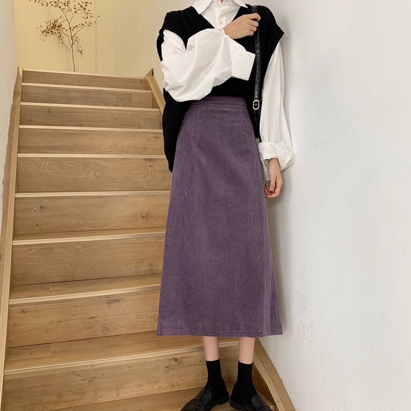 [Left Little Sister Arrival Series] ★Long length skirt★All 4 colors corduroy fabric Plain A-line Beautiful line High waist