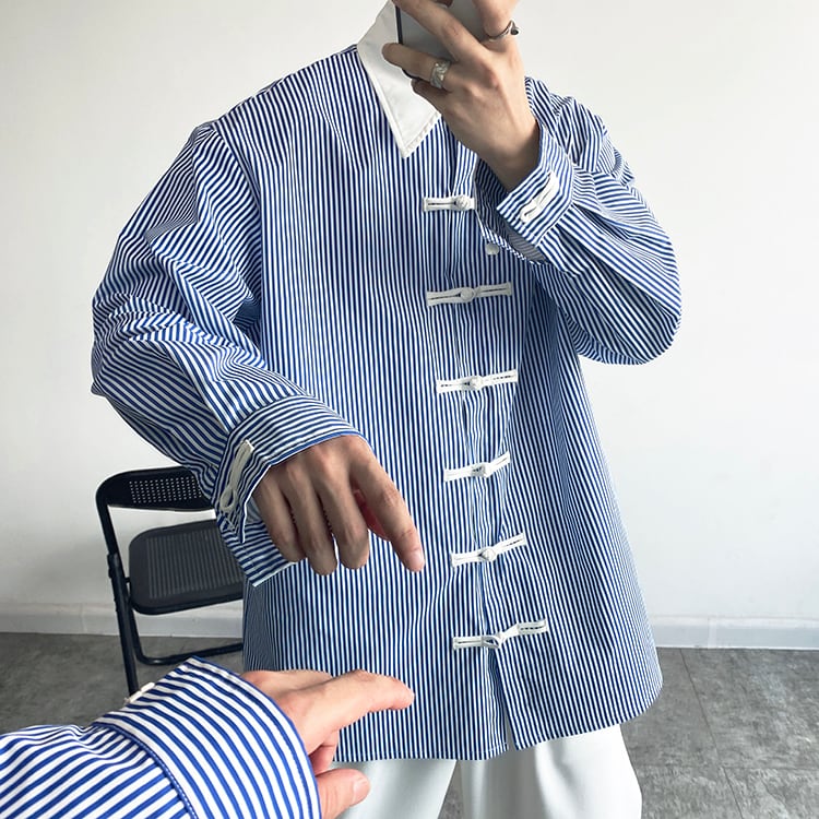 [Orange Family Series]★Chinese Style Shirt★ Chinese Clothes Tops Unisex Men's Vertical Stripes Color Scheme Blue Blue ML XL