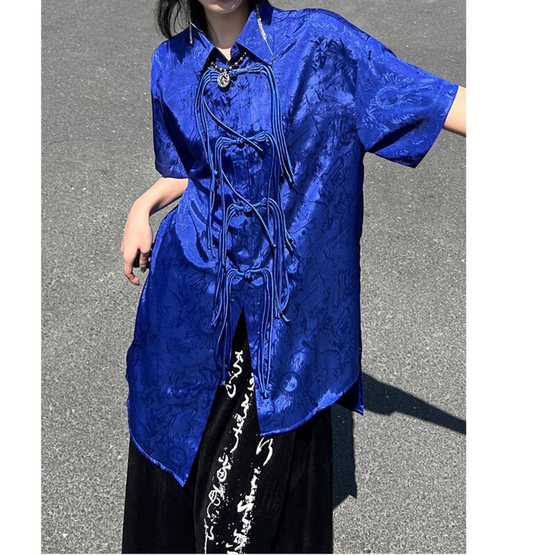 [Unmankana series] ★China style shirt★ 2color long sleeve or short sleeve long shirt original black blue