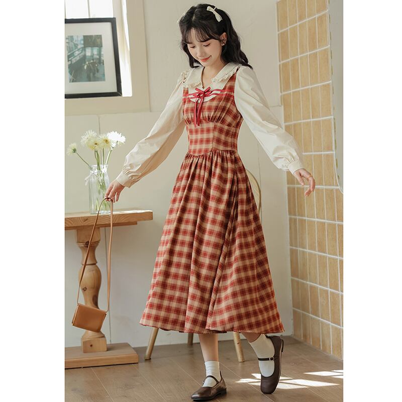 [MEIYI Series] ★One Piece★ Ladies Plaid Faux Layered Commuting Date Red Red