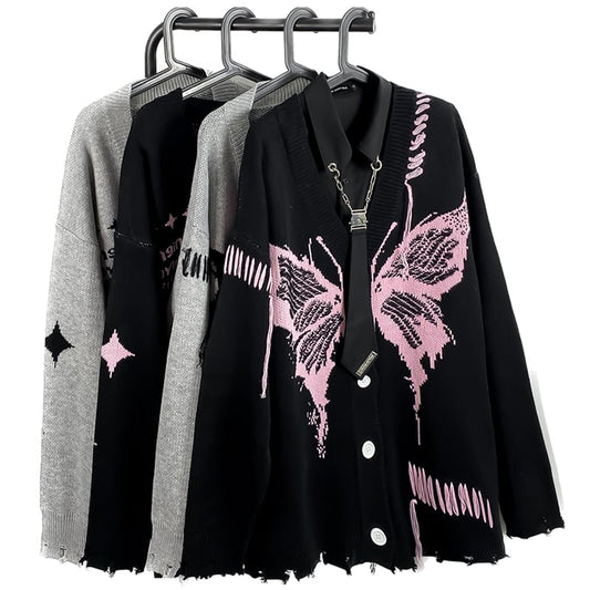 [KKYESIOU Series]★Sweater★ 2color Cardigan Tops Unisex Men's Butterfly Black Gray