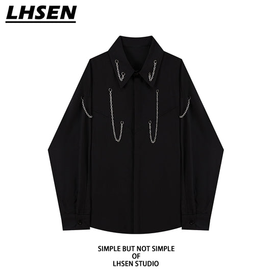 [LHSEN Series]★Shirt★ Tops with chain Casual Unique Easy to match Black Black