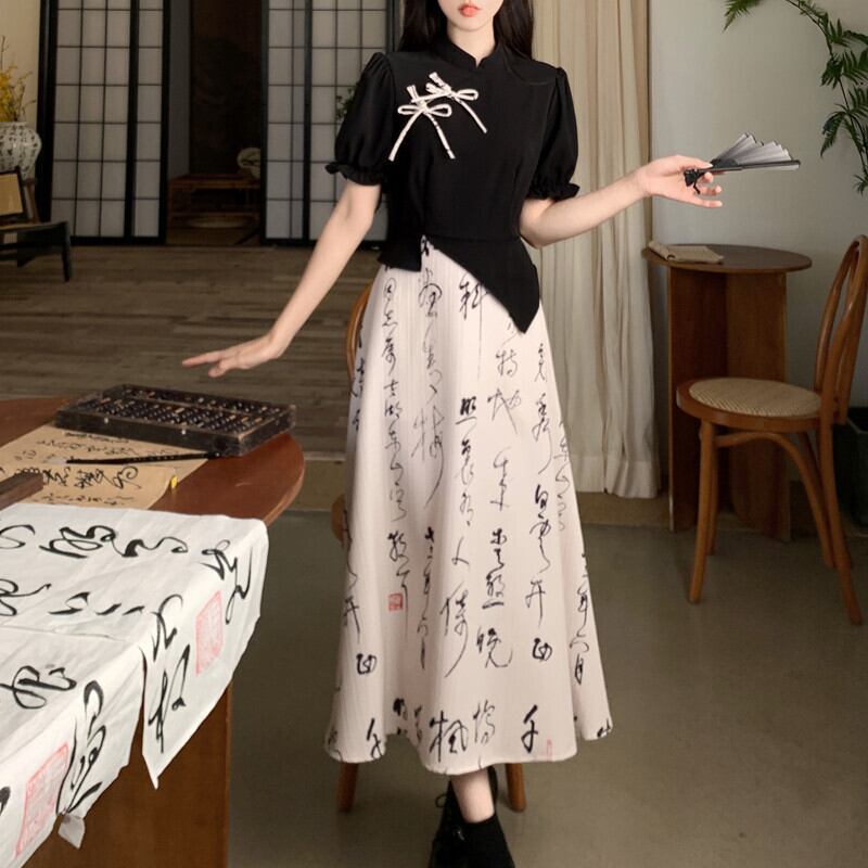 【DONGXIAOJIEシリーズ】★チャイナ風ワンピース★ 文字柄 リボン 夏服 フェイクレイヤード 大きいサイズ 着痩せ