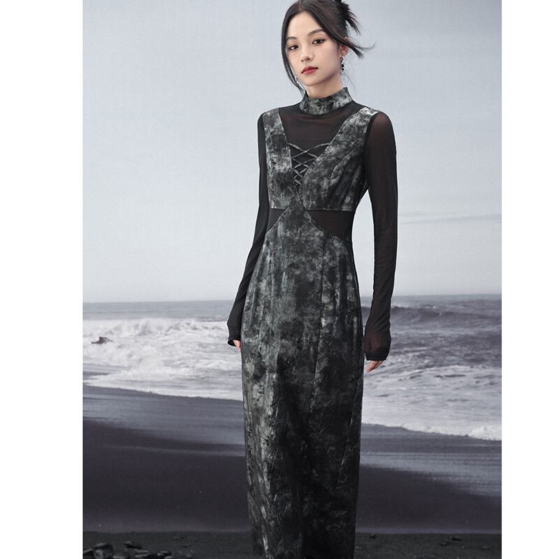 [Daiseiryusu series]★China style dress★ Switching fake layered long sleeve Switching long length Original