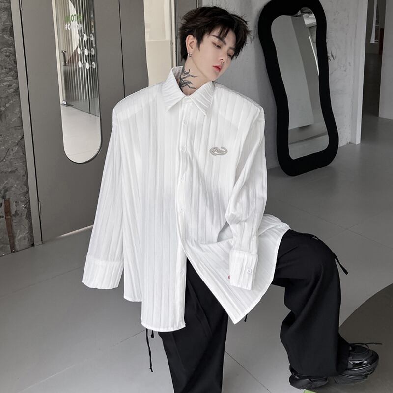 [Illustrated Series]★Shirt★ Tops 2color Unisex Men's Vertical Stripes Loose Black White Fashion Spring Clothes