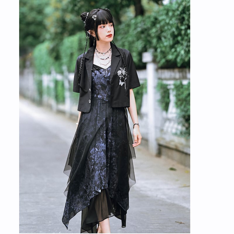 [Ancient monster house --- Butterfly series] ★China style dress★ Hanging dress Butterfly pattern print Long length Cute