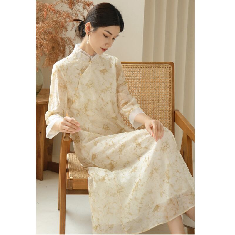 [Shimu Series] ★Chinese style dress★ Elegant Chinese clothes Tang suit Retro print Summer clothes Yellow S M L XL