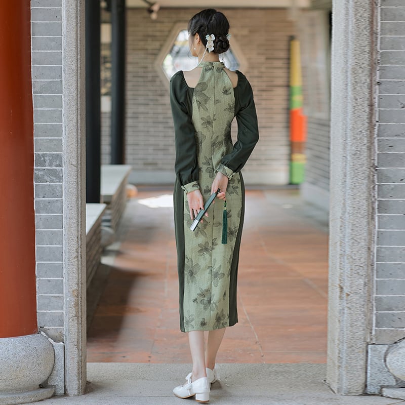 [Tatsuko Chenis Series] ★China style dress★ Improved cheongsam dress Floral pattern Color scheme Slimming Green Green SML