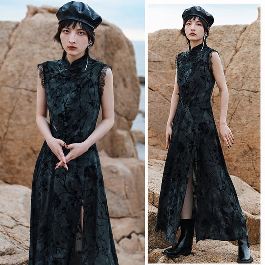 [Da Qinglong Shu Series] ★China-style dress★ Improved cheongsam dress lace-up slit