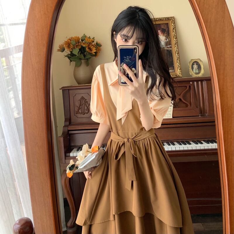 [Dong Xiaojie Series] ★Dress★ Large Size Faux Layered Ribbon Switching Short Sleeve Brown