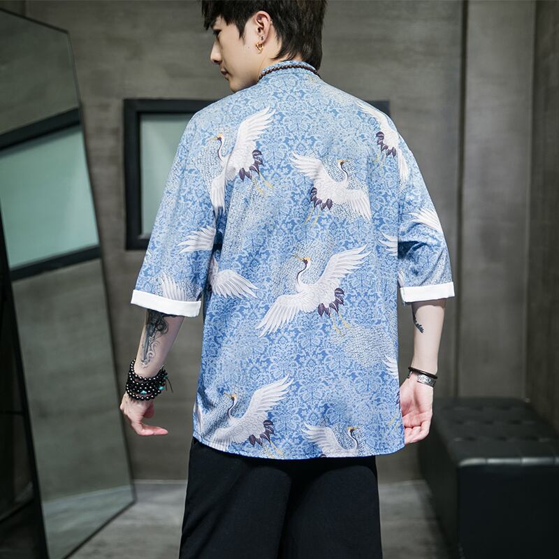 [JUNYI series]★China style shirt★ Tops 3color Unisex Men's Large size Crane Blue Green Black