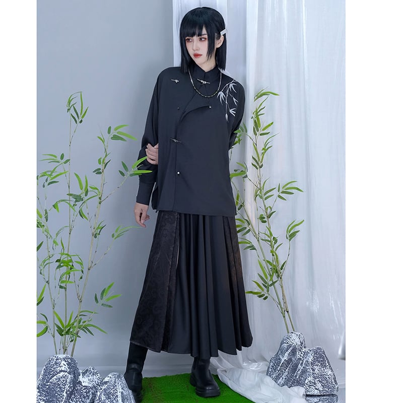 [Kuraho Koya Series] ★Chinese style skirt★ Elastic waist bottoms slit Unique Chinese clothing Black Black