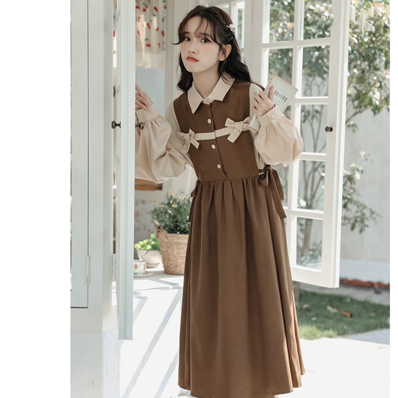 [Minami no Mori Series] ★One Piece★ Long Sleeve Women's Switching Faux Layered Office Lady Commuting Date Ribbon