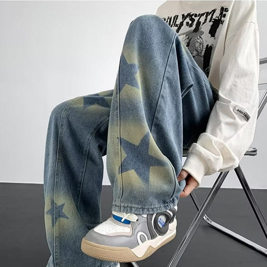 [V37 Series]★Denim Pants★ Pants Bottoms Unisex Men's Star Pattern Blue Blue SML XL 2XL 3XL