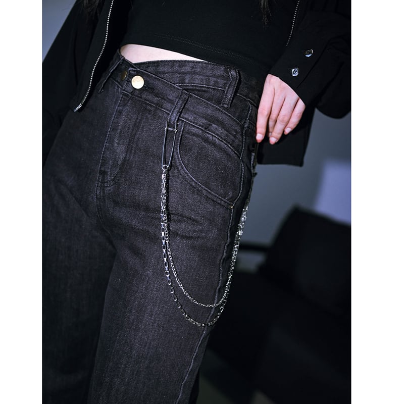 [Kokaisha---Tide Law Series] ★Denim pants with chain★ 2color bottoms slimming black gray blue SML XL