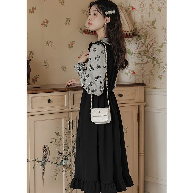 [ZITAIMEIGUI Series] ★One Piece★ Long Length Switching Floral Pattern Women's Commuting Date Black Black