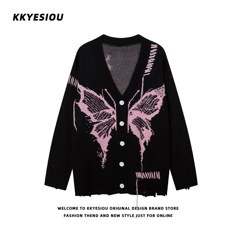 [KKYESIOU Series]★Sweater★ 2color Cardigan Tops Unisex Men's Butterfly Black Gray