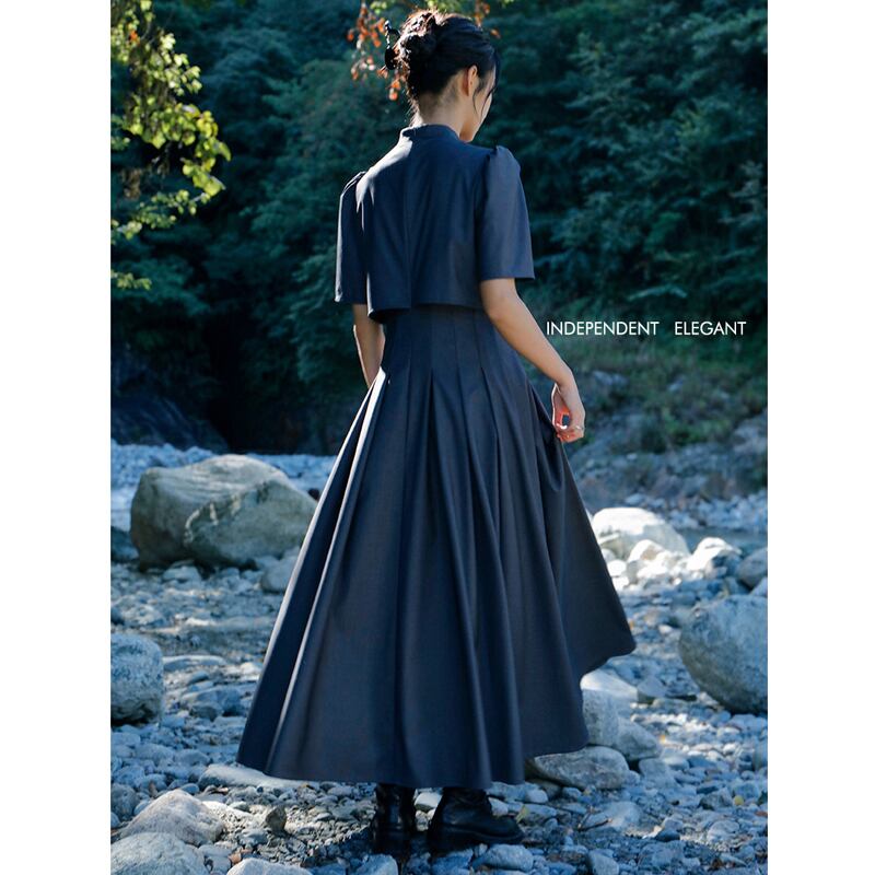 [Big Blue Dragon Series] ★China style dress★ Faux layered stand neck gray gray slimming wear