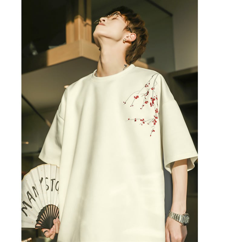 [MANYSTON Series]★China style T-shirt★ Tops 2color Unisex Men's Short Sleeve Plum Embroidery Casual