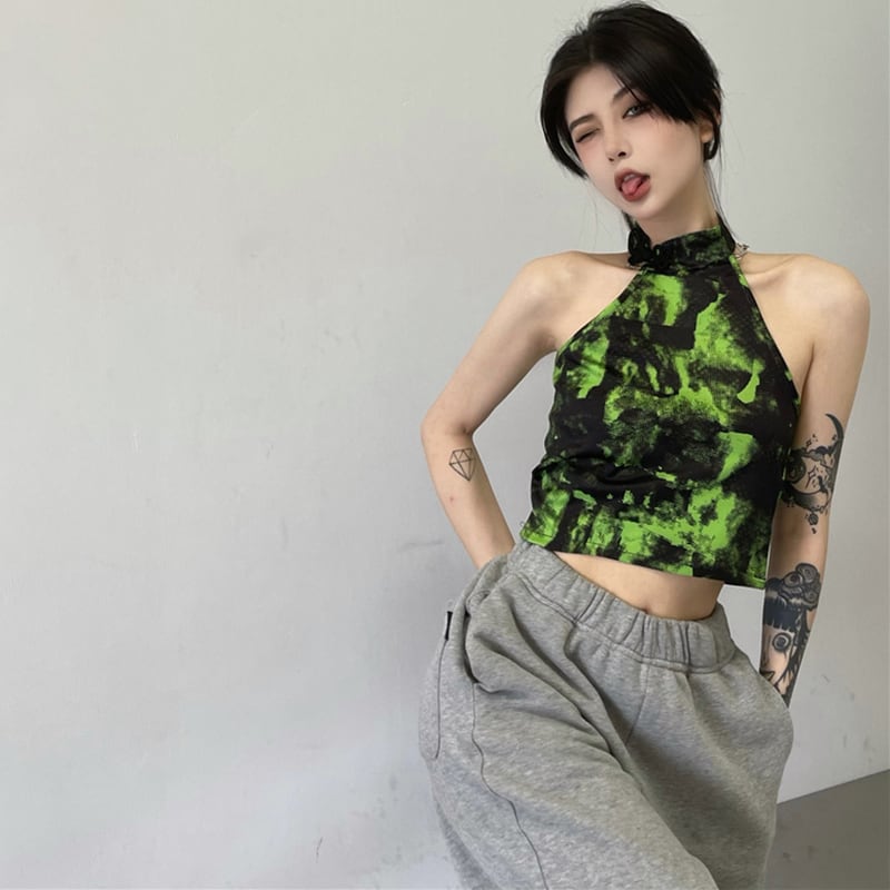 [Style Series] ★China style tops★ Camisole Tank Top Tie-dyed Easy to match Slimming Green Green