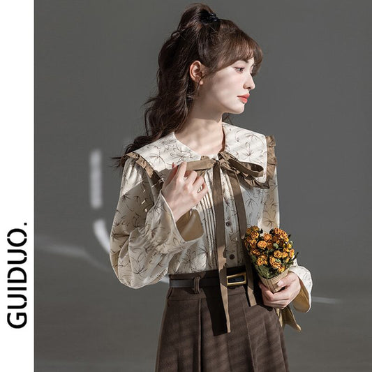 [GUIDUO Series]★Shirt★ Tops, Long Sleeve Shirt, Floral Pattern, Women's, Improves Temperament, Ribbon, Cute, Date, Commuting