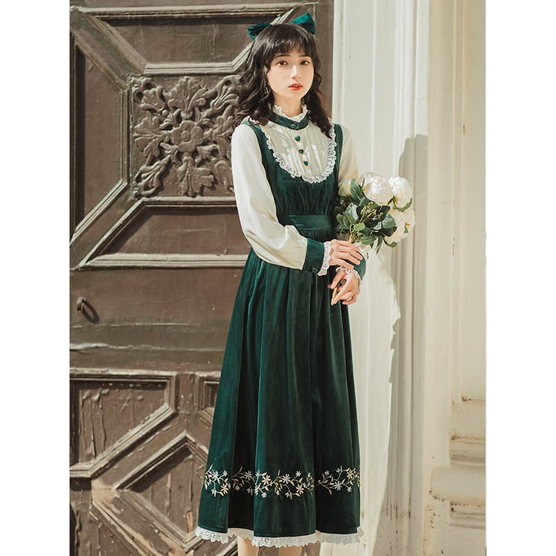 [Nan Kemu Series] ★One Piece★ Long Length Velvet Embroidery Women's Commuting Date Green Green SML XL