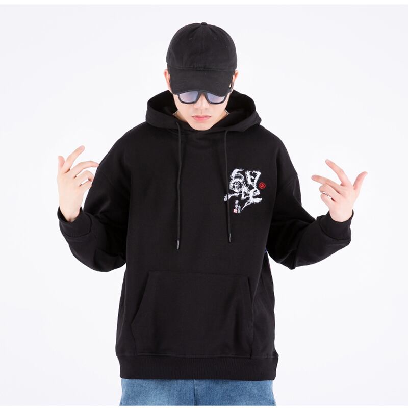 [Machiha clan series] ★China style hoodie★ 2color black or white whale embroidery wave black white tops large size