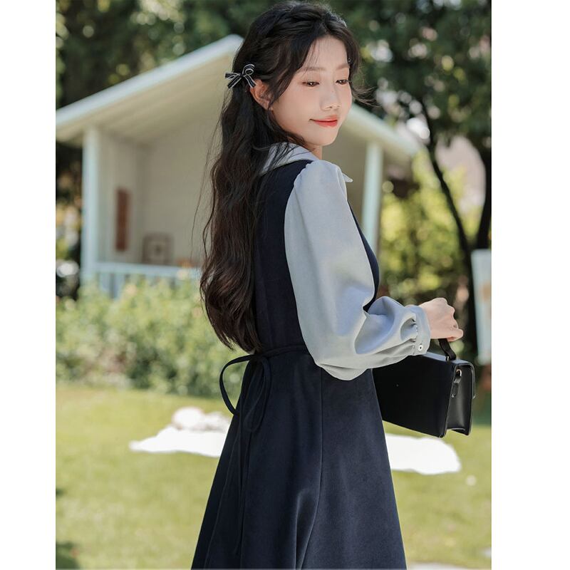 [DANSAIZI Series] ★One Piece★ Faux Layered POLO Neck Switching Ladies Blue Black