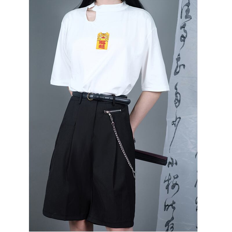 [Kuraho Koya Series] ★China style T-shirt★ 2color black or white cotton embroidery S M L XL slim fit easy to match