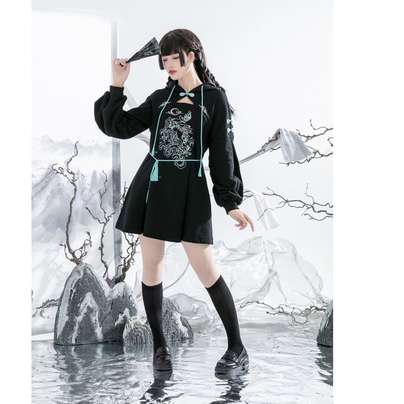 [Ochaya Series]★China style dress★ 2color black or white embroidery parka dress Chinese button cute