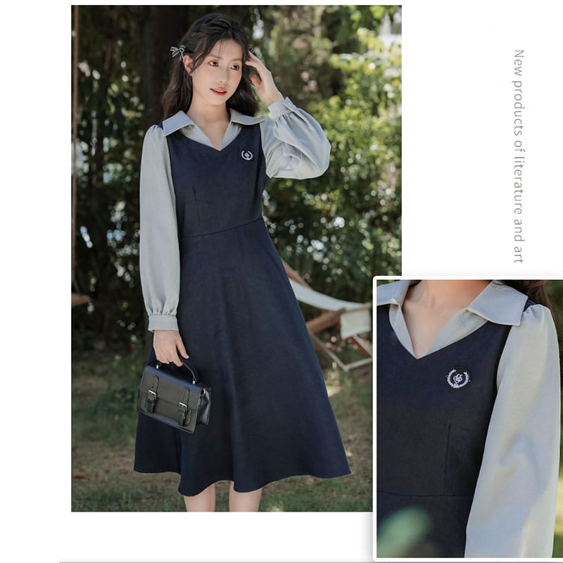 [DANSAIZI Series] ★One Piece★ Faux Layered POLO Neck Switching Ladies Blue Black