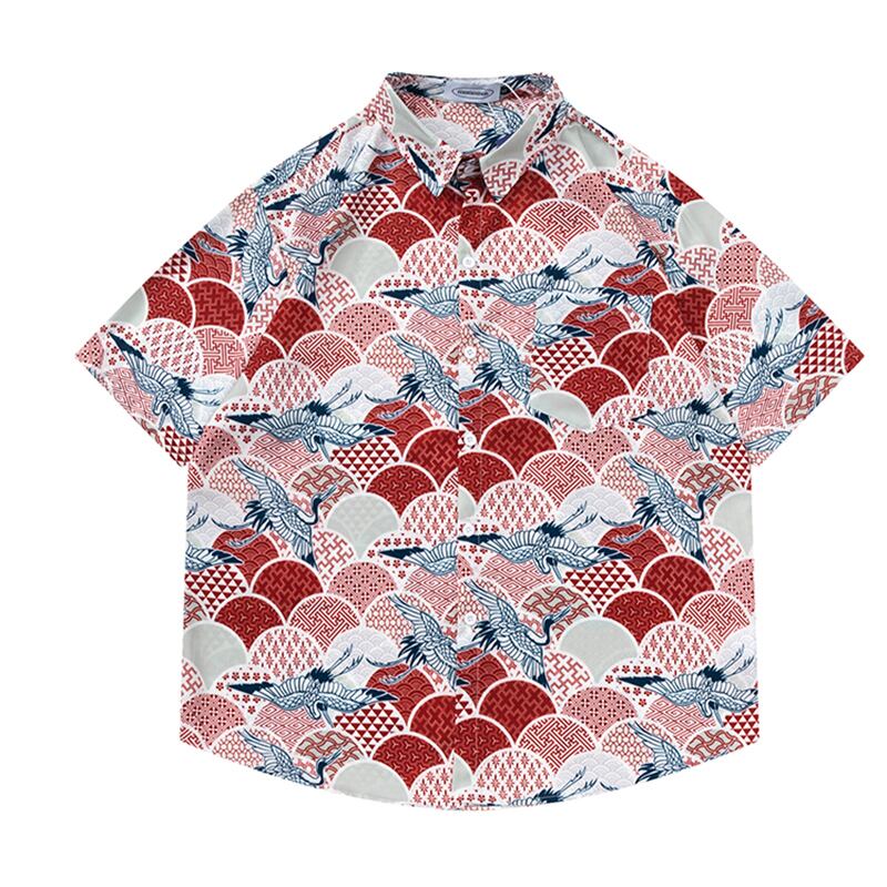 [TRAVEL ISSUANCE Series]★Shirt★ Hawaii Aloha Shirt Crane Unisex Men's Red Short Sleeve Shirt