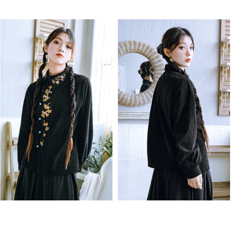 [Kokaisha --- Leaf Series] ★Chinese style tops★ Embroidery Hanfu tops Corduroy Thick Autumn/Winter Clothes Retro Black