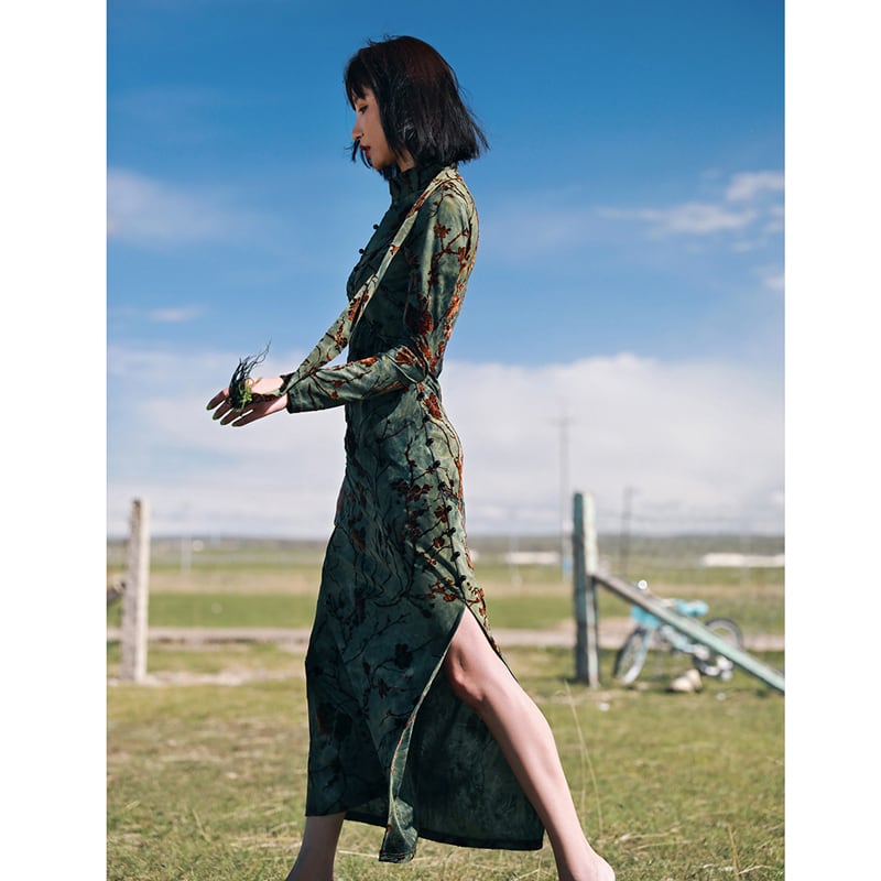 [Da Qinglong Shu Series] ★China style dress★ 2 colors Green or blue Velvet High neck Slim Slimming Feminine