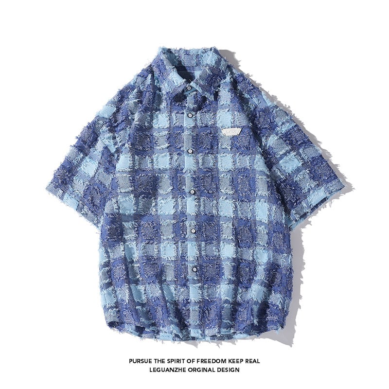 [BIGEMAN Series]★Setup★ Shirt + Shorts 2color Unisex Men's Large Size Plaid Pattern Blue Black Gray