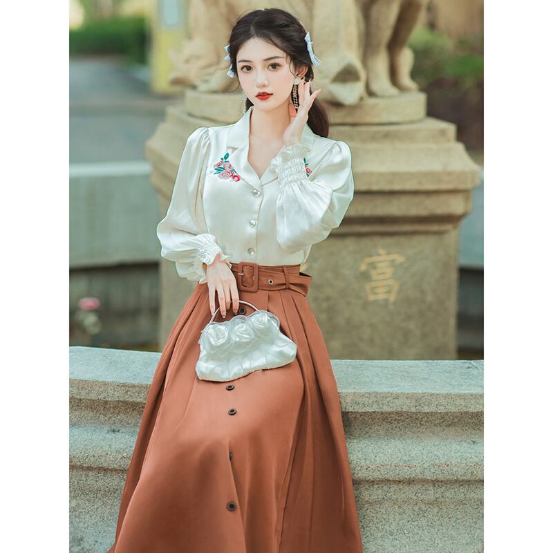 [XUANZI Series]★Shirt★ Long sleeve shirt, embroidered shirt, ladies, date, photography, literary style, V-neck