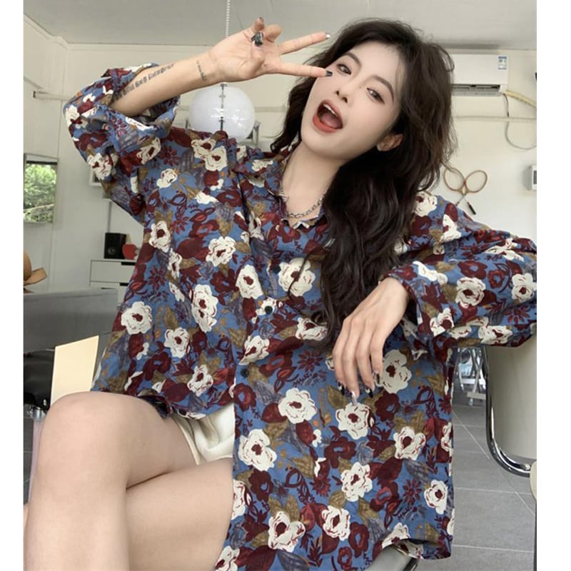 [YOUZI Series] ★Floral Pattern Shirt★ Tops Oil Painting Style Long Sleeve Shirt Loose Retro Commuting Date Cute Blue Blue