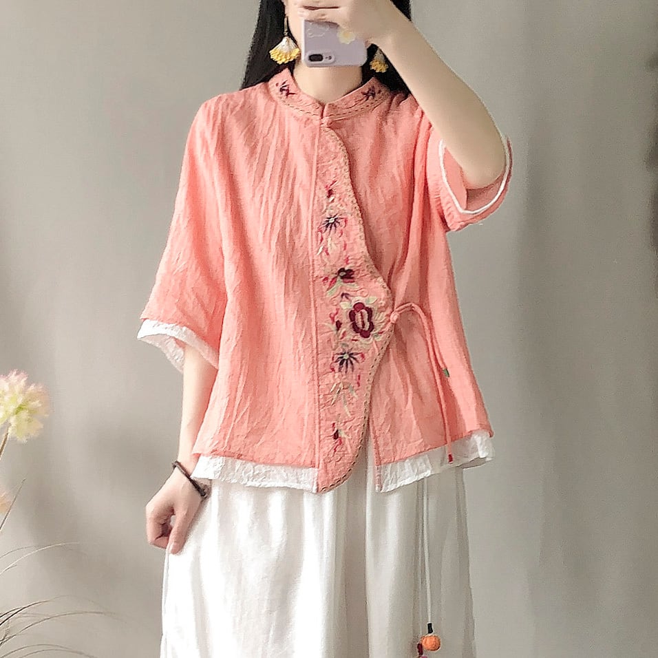 [Kofuku series] ★China style shirt★ 3color embroidery tops ethnic gray blue white pink