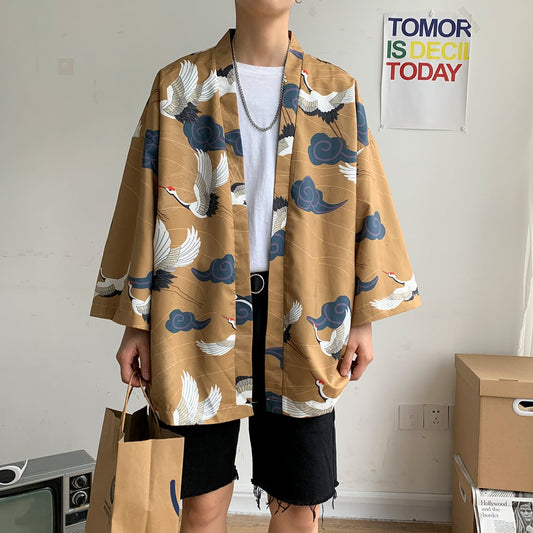 [PINZHI Series]★Happi coat★ 2color Thin Crane Unisex Men's Print Large Size Yellow Cool Fireworks Festival Festival