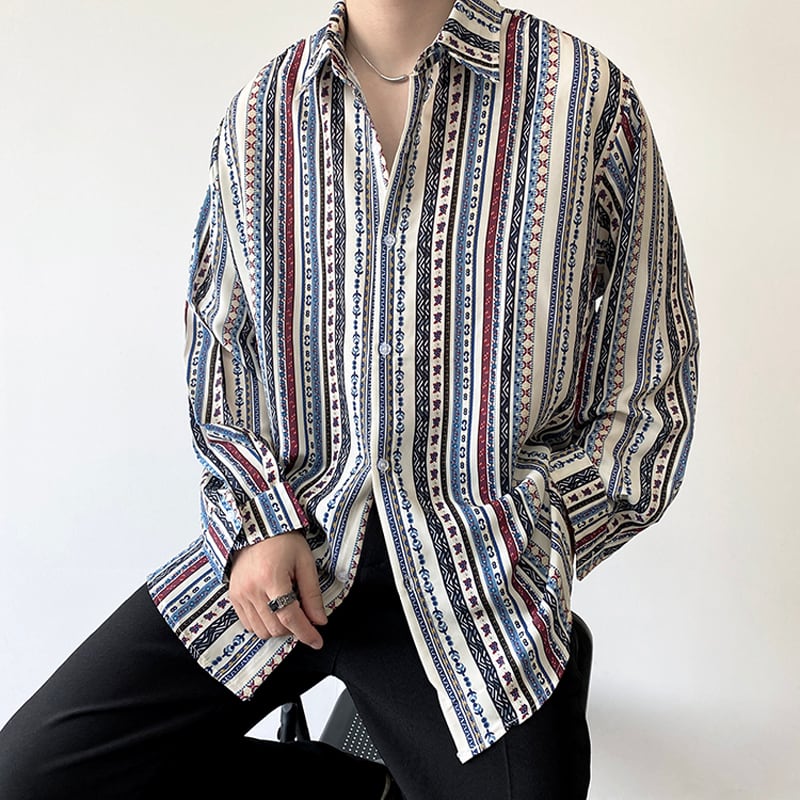 [Illustrated Series]★Shirt★ Tops Unisex Men's Design Print Vertical Stripes Striped Pattern Casual