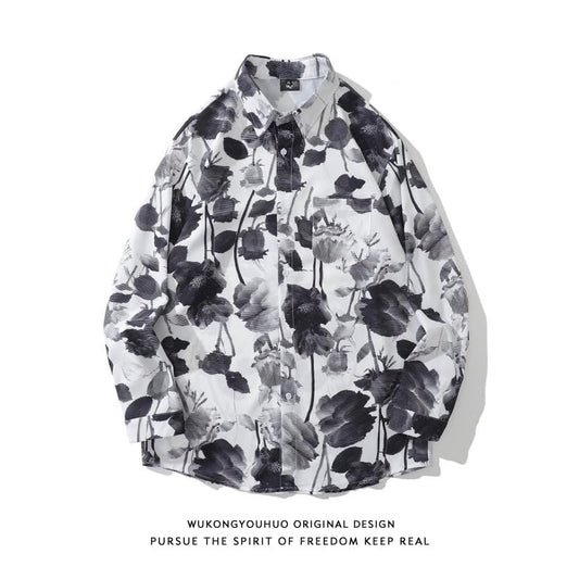 [TRAVEL ISSUANCE Series]★Ink-style shirt★ Long sleeve shirt tops Floral pattern black white print ML XL 2XL Unisex Men's