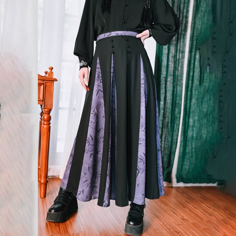 [Kokaisha --- Bamboo Series] ★China style skirt★ Switchable bottoms, bamboo pattern, slimming, easy to match, black, purple