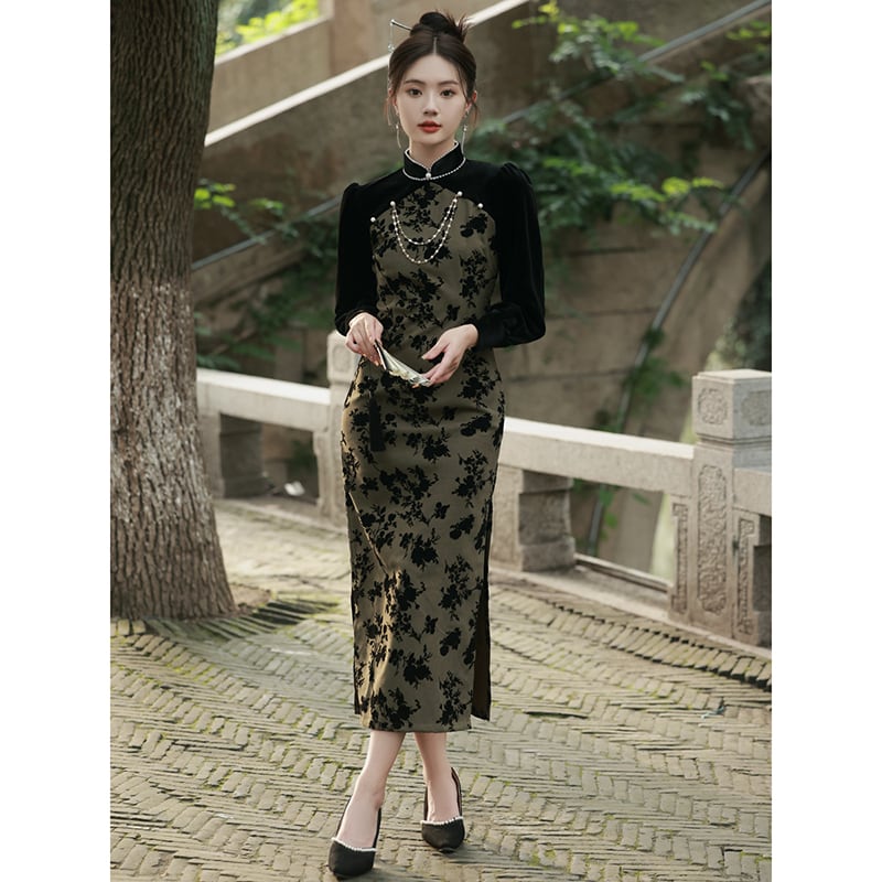 [RUYUN Series] ★Cheongsam Dress★ 2color Switching Velvet Temperament Enhancement Floral Pattern Chinese Style Dress