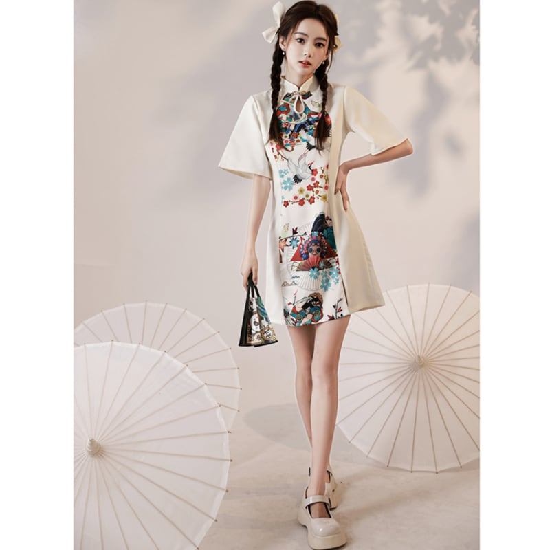 [YUEQIAO Series]★China Dress★ 4color Short Length Chinese Style Dress Crane Chinese Clothes Switching Cute